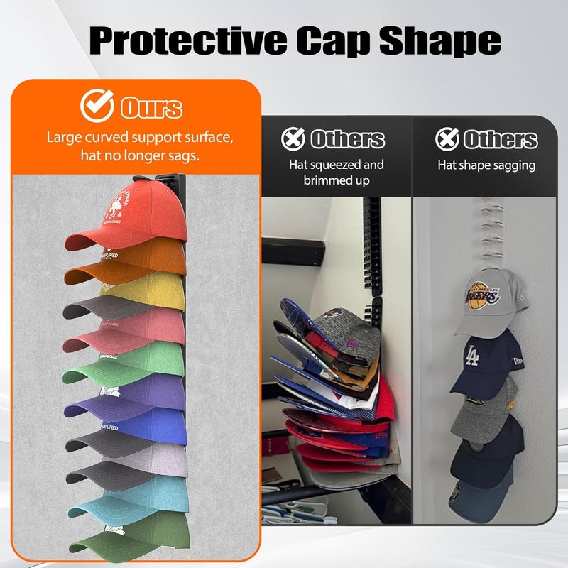 HeQe Hat Organizer for Baseball Caps Hold Up to 40 Hats, 2 Pack Hat Rack for Wall, Strong Adhesive Hat Storage Display Holder for Closet Door and Wall (Black) - Image 4